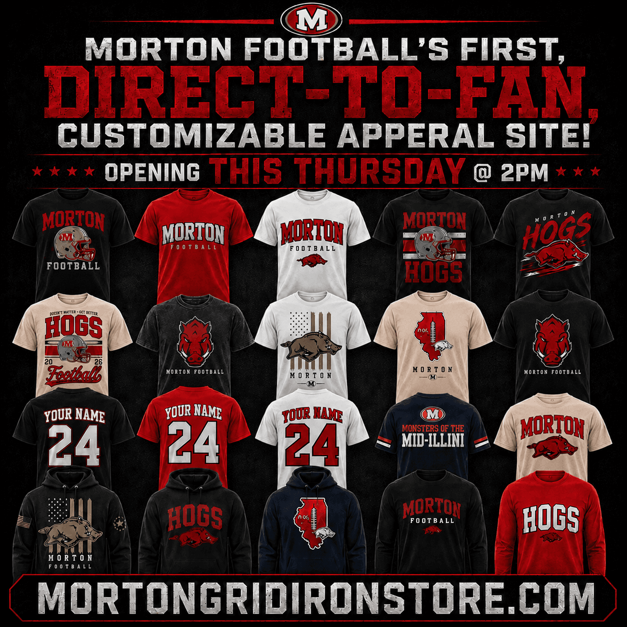 Morton Football launch announcement featuring Morton and Arkansas Hogs-inspired apparel: helmet graphic tees, custom name and number jerseys, hoodies, and long sleeves in black, red, white, and cream.